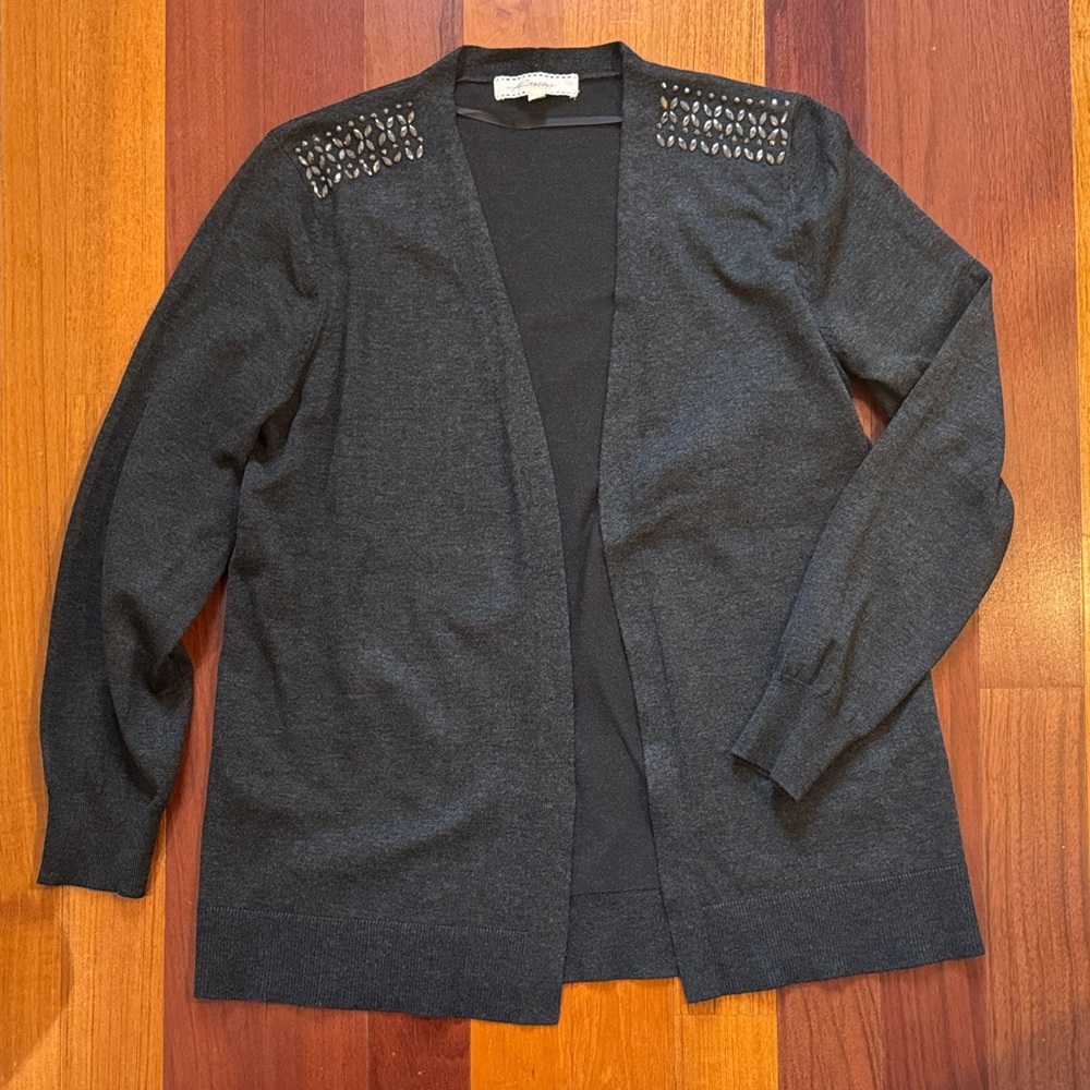 Pointelle | Charcoal Cardigan w/ Embellished Shoulders NWOT | Size Large